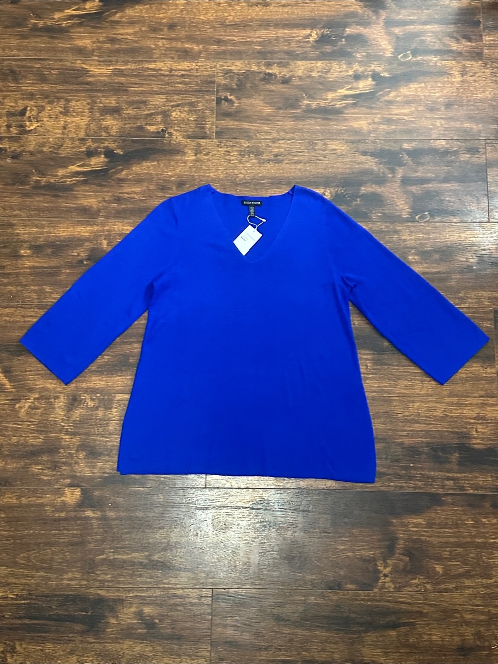 ✨ Eileen Fisher Royal Blue Merino Wool 3/4 Sleeve V-Neck Top XS NWT 💙 - Picture 1 of 6